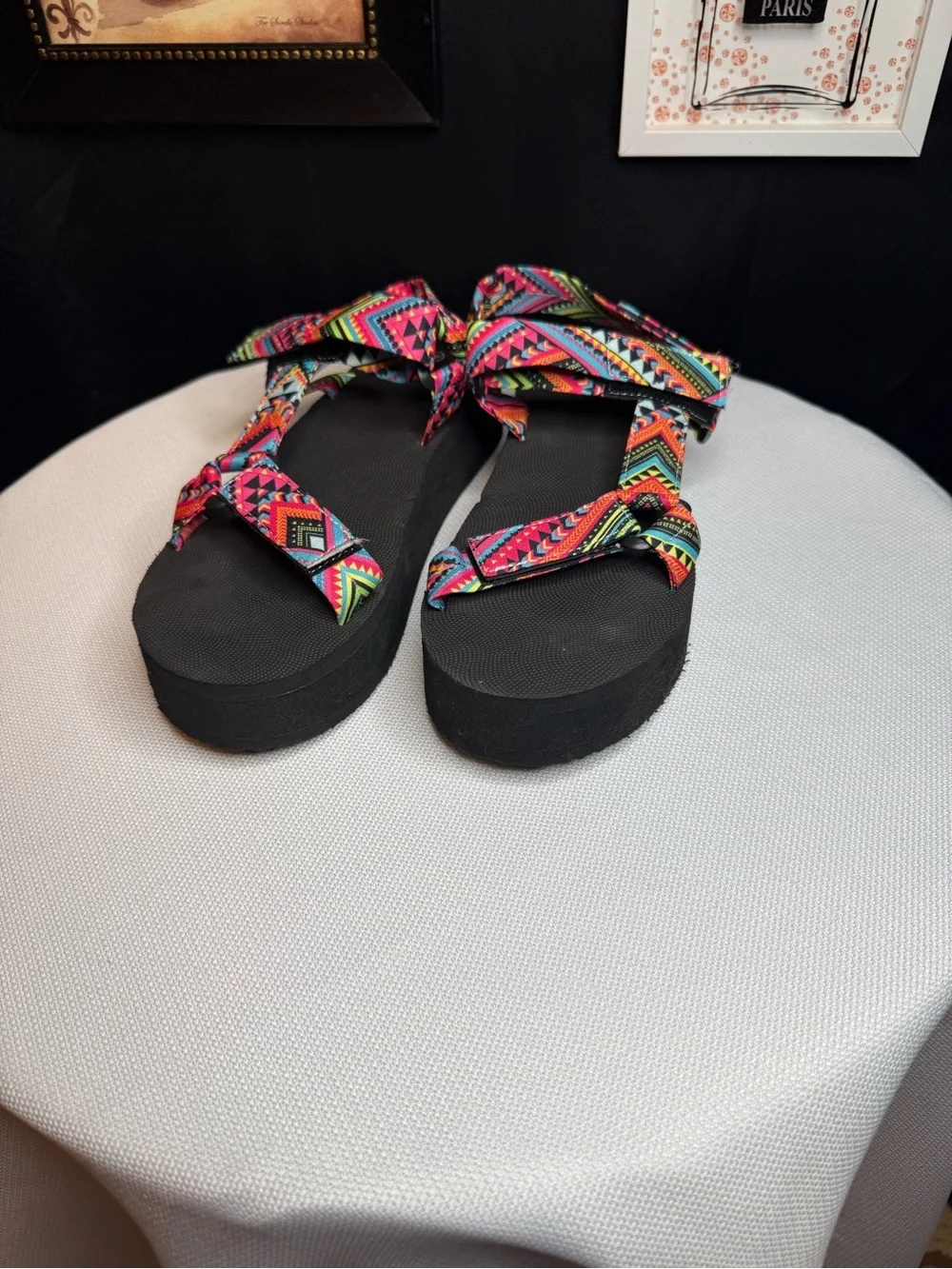 Women’s Colorful Aztec Strap Sandals - Black Footbed-New